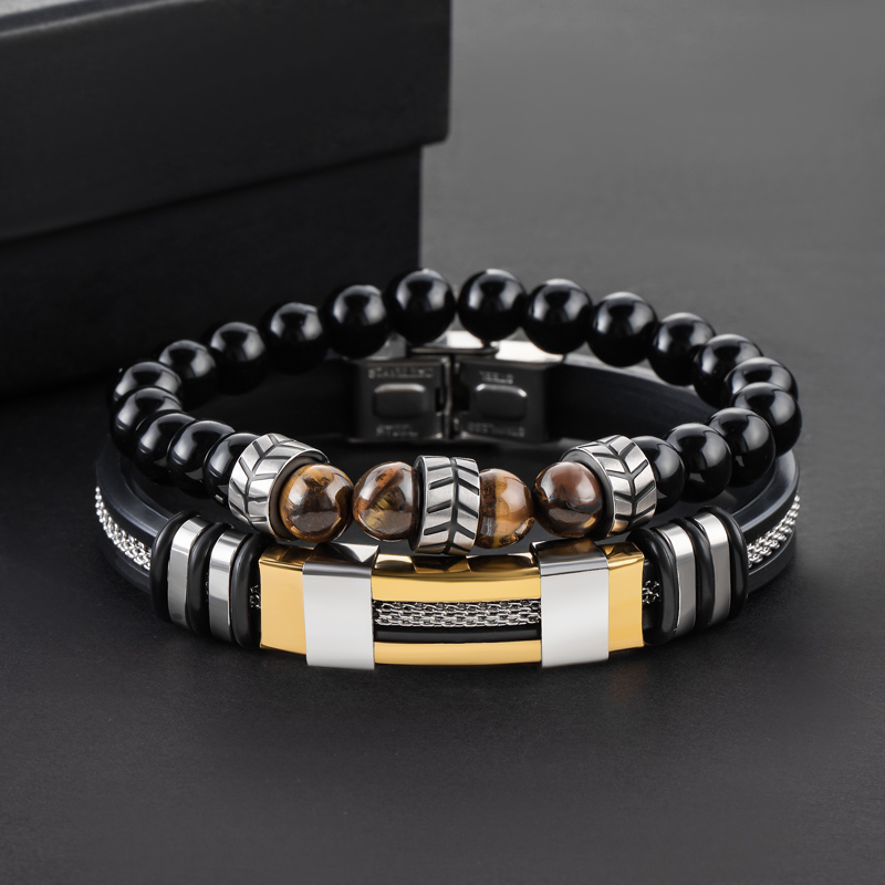 2Pcs Leather Stainless Steel & Beads Bracelet