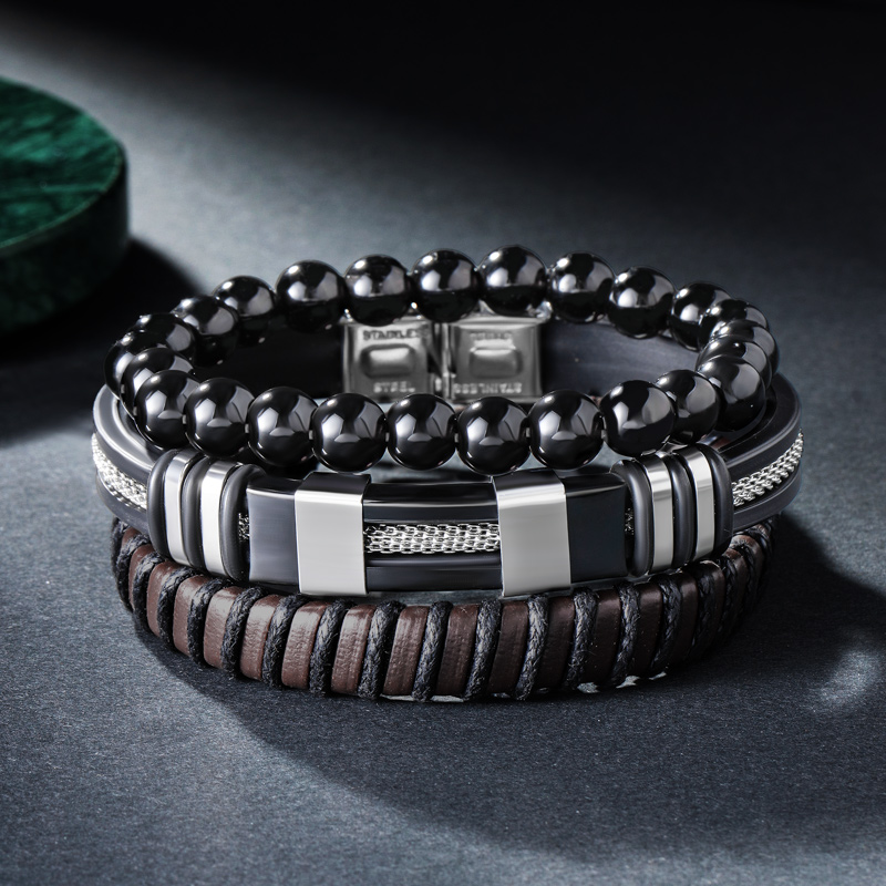Triple Men's Braided Leather & Beads Layered Bracelet