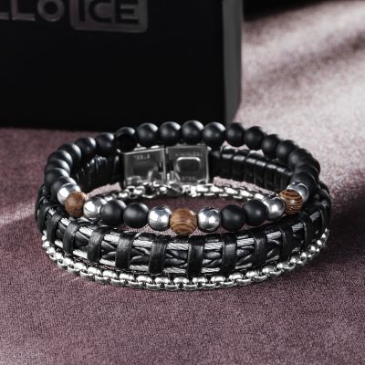 3Pcs Handmade Braided Leather & Round Box Chain Beads Bracelet