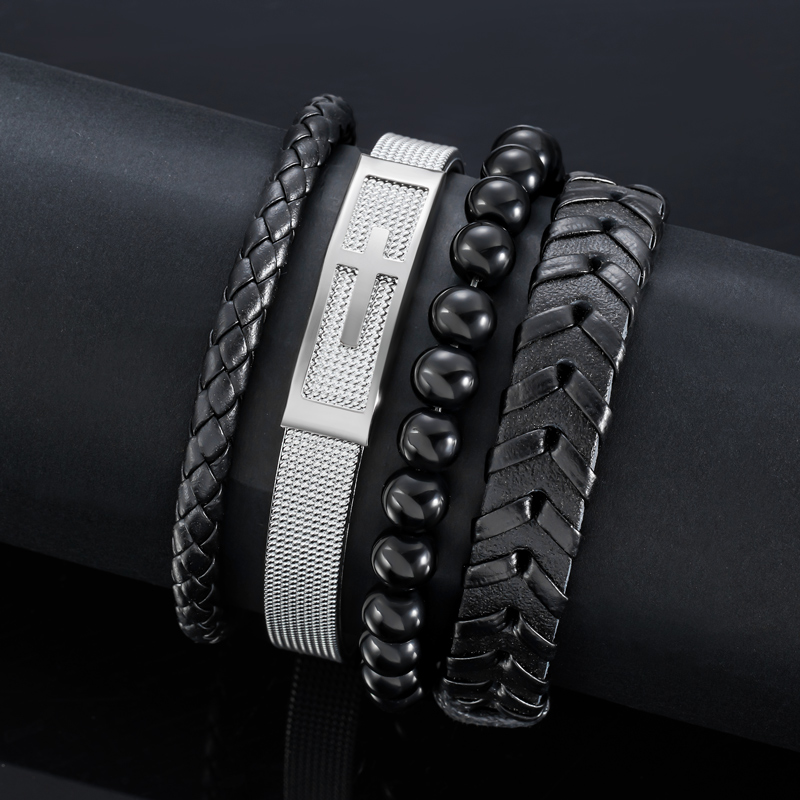 4Pcs Cross Stainless Steel & Braided Leather layered Bracelet