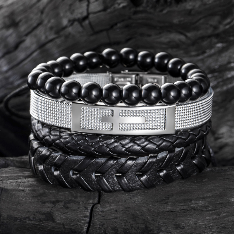 4Pcs Cross Stainless Steel & Braided Leather layered Bracelet