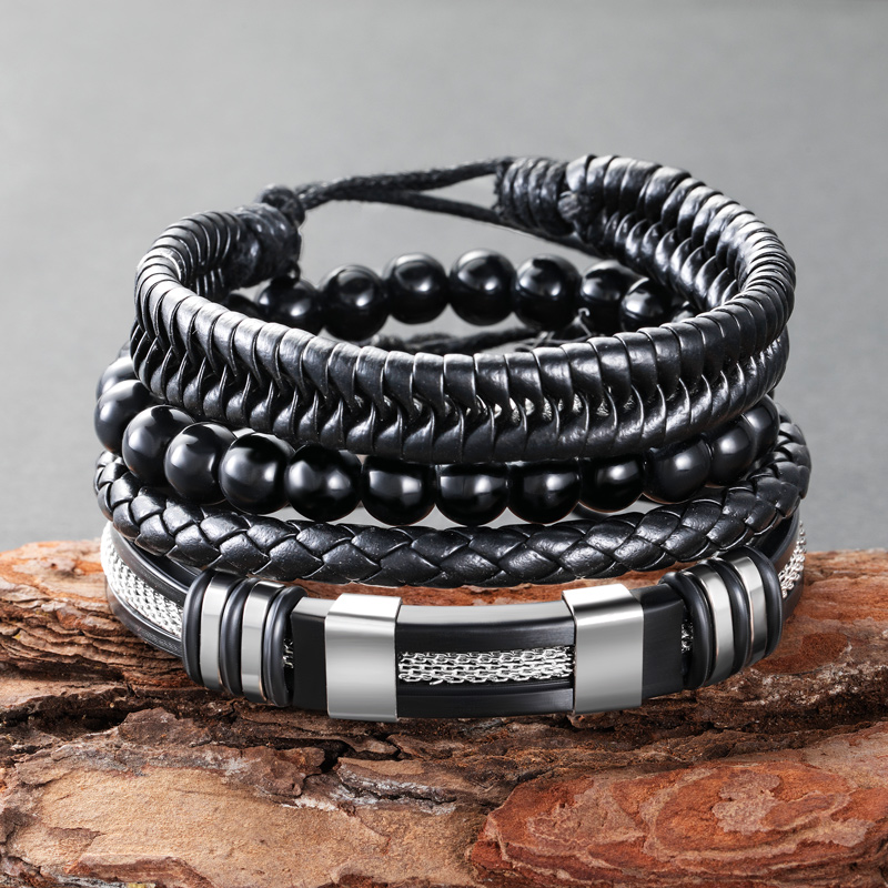 4Pcs Black Leather Stainless Steel & Beads Layered Bracelet