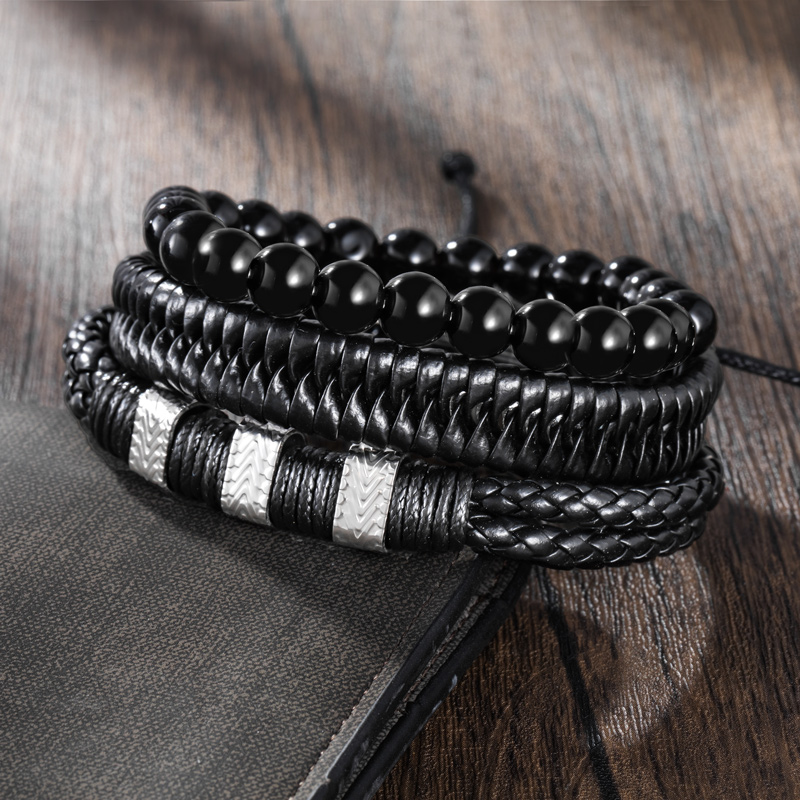 3Pcs Stainless Steel Bangle Leather & Beaded Bracelet