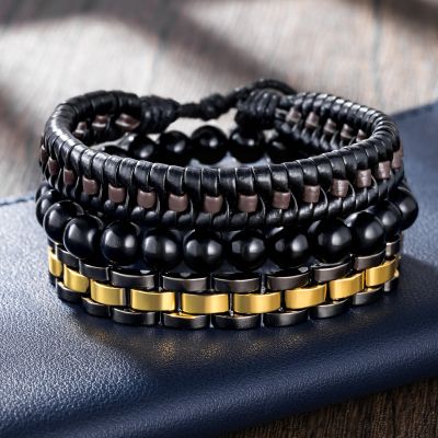 3Pcs Mix Braid Leather & Two-Tone Stainless Steel Beads Bracelet