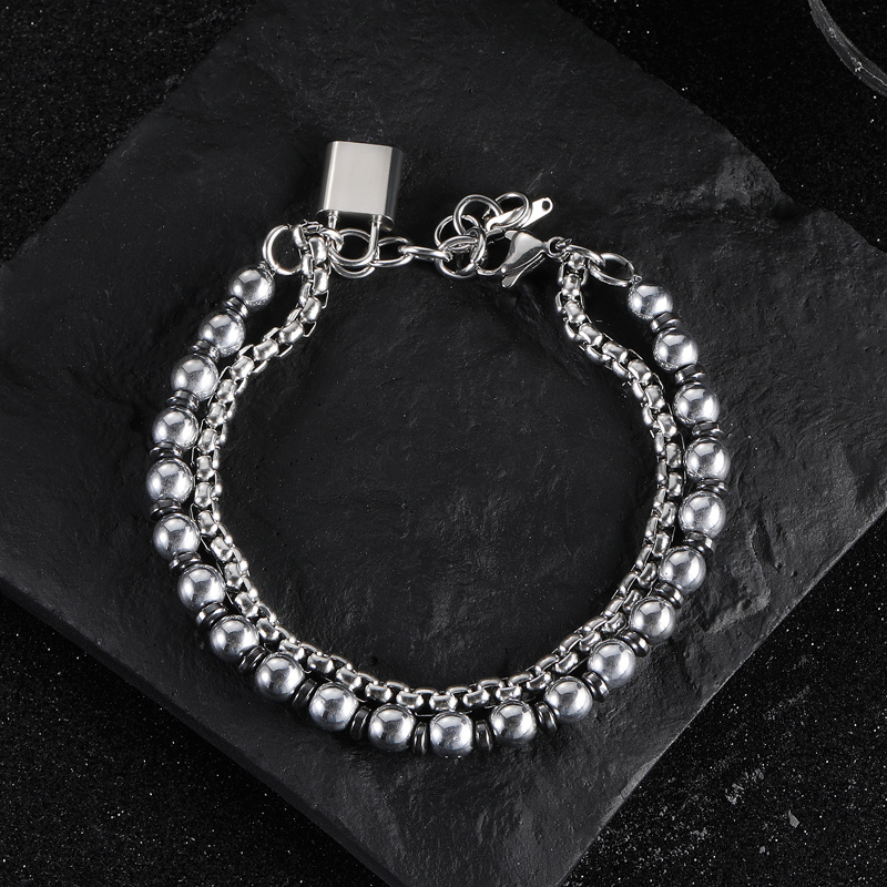 Steel Beads & Round Box Layered Bracelet with Lock