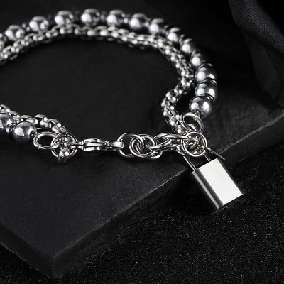 Steel Beads & Round Box Layered Bracelet with Lock