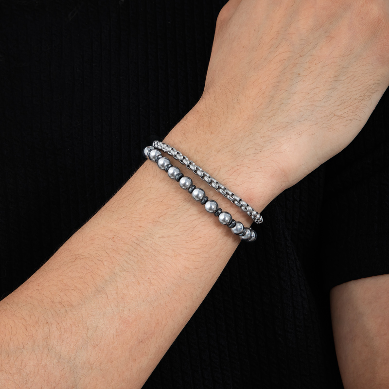 Steel Beads & Round Box Layered Bracelet with Lock