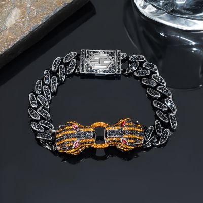 Iced Double Orange Panther Cuban Bracelet in 18K Black Gold
