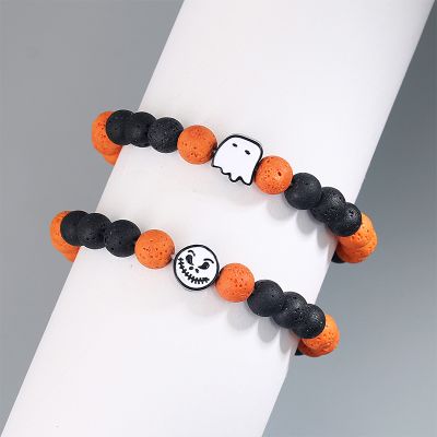 2ps Cute Ghost Orange & Black Lava Rock Stretch Bracelets