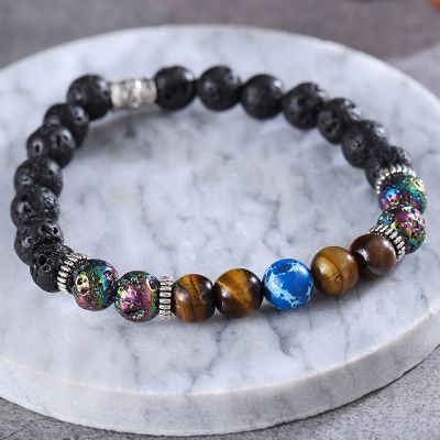 Natural Healing Volcanic Stones & Tiger Eye Beads Stretch Bracelet
