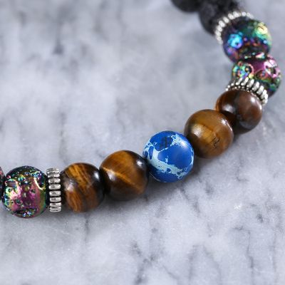 Natural Healing Volcanic Stones & Tiger Eye Beads Stretch Bracelet