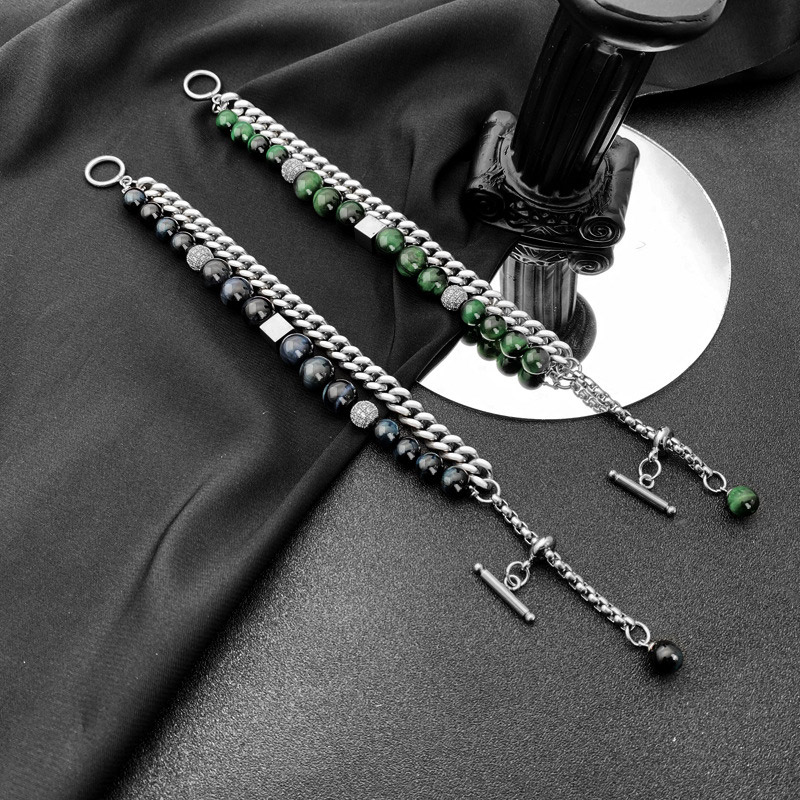 Natural Tiger Eye Stone & Micro Pave Beads Cuban Chain Layer Bracelet