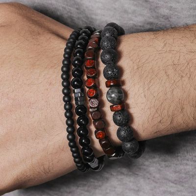 4Pcs Natural Black Healing Stone & Red Wood Bead Bracelet Set