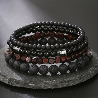 4Pcs Natural Black Healing Stone & Red Wood Bead Bracelet Set