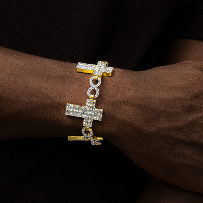 10mm 8" Baguette Cross Infinity Bracelet in Gold