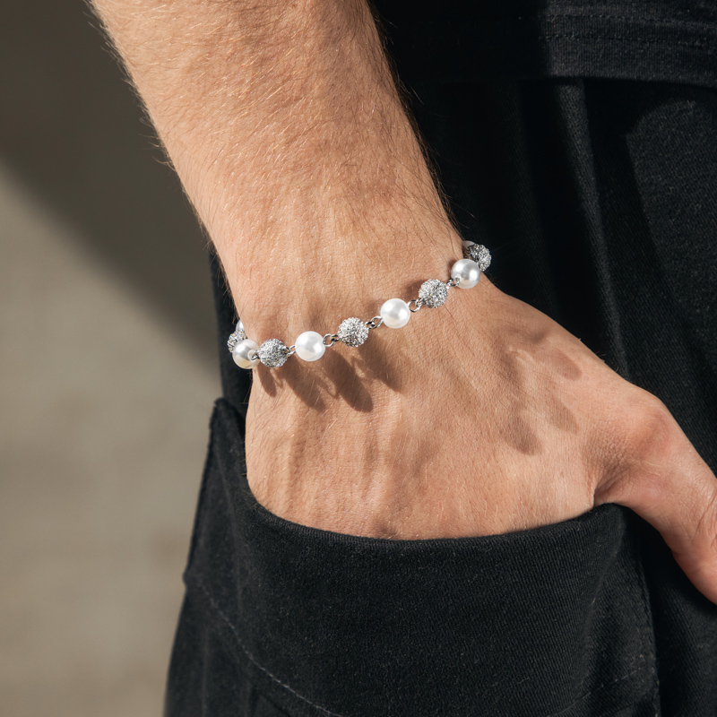 Iced Ball & Pearls Bracelet in White Gold