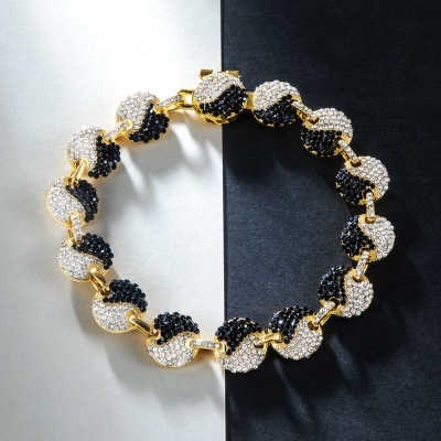 12mm 8'' Iced Yin Yang Link Bracelet in Gold