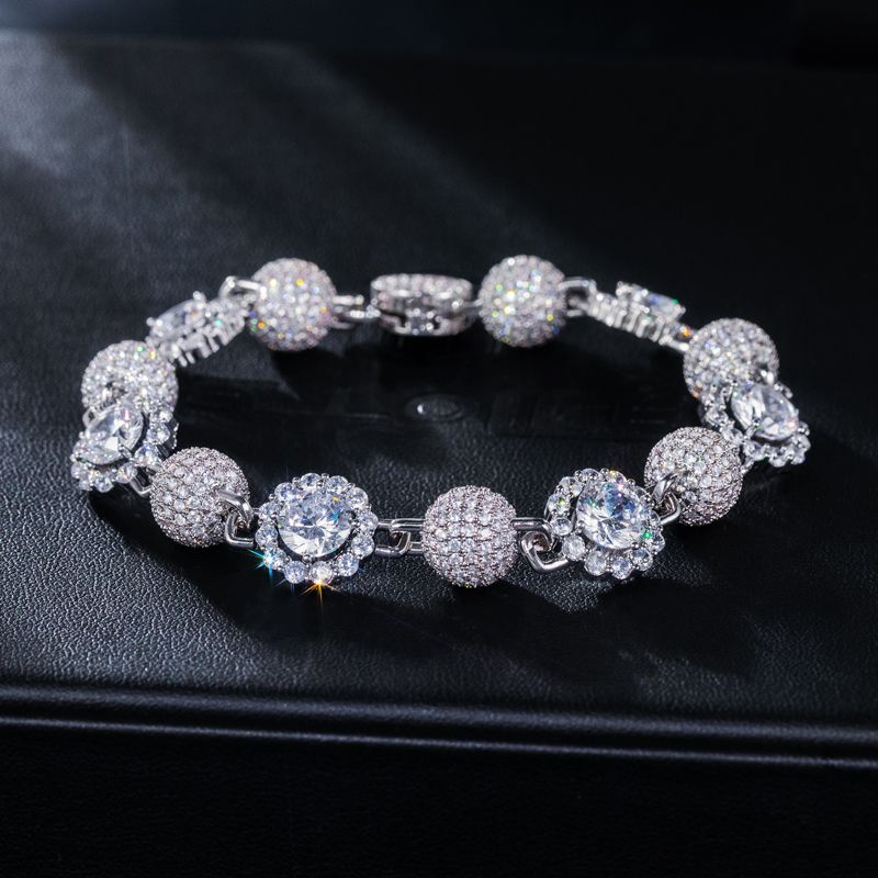 12mm 8'' Full Paved Ball and Halo Mix Link Bracelet in White Gold