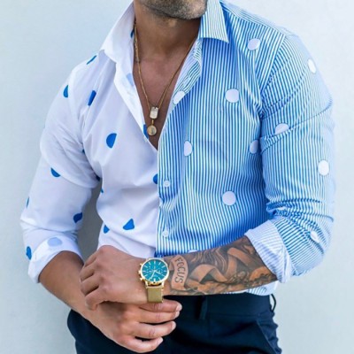 Men's Printed Polka Dot Striped Long Sleeve Shirt