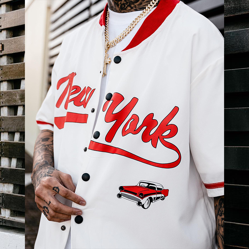New York Print Stand Collar Short Sleeve Shirt