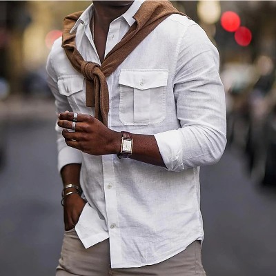Solid Color Cotton Lapel Pocket Shirt