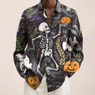 Halloween Pumpkin Skull Print Long Sleeve Shirt