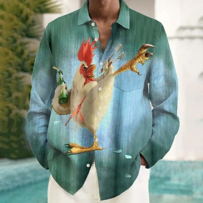 Fun Kung Fu Rooster Print Long Sleeve Shirt