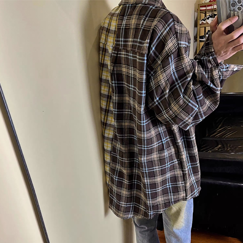 American Retro Plaid Patchwork Shirt American Retro Plaid Patchwork Shirt