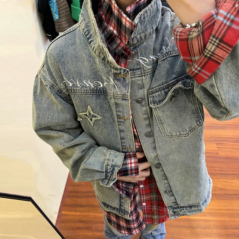 American Retro Plaid Patchwork Shirt American Retro Plaid Patchwork Shirt