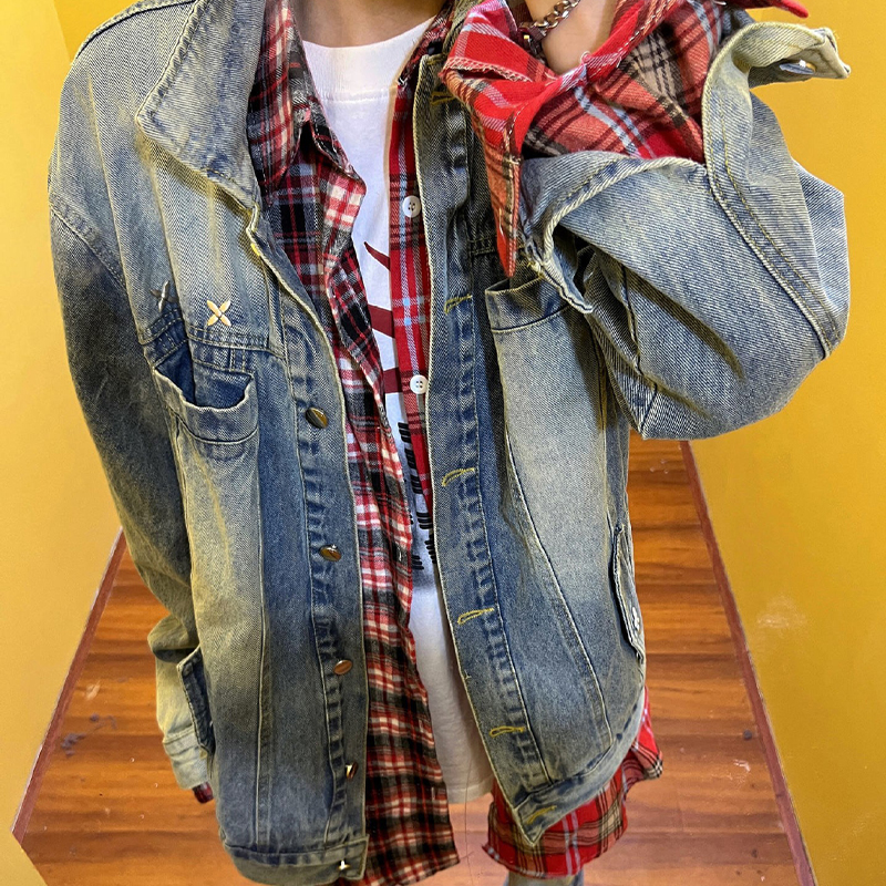 American Retro Plaid Patchwork Shirt American Retro Plaid Patchwork Shirt