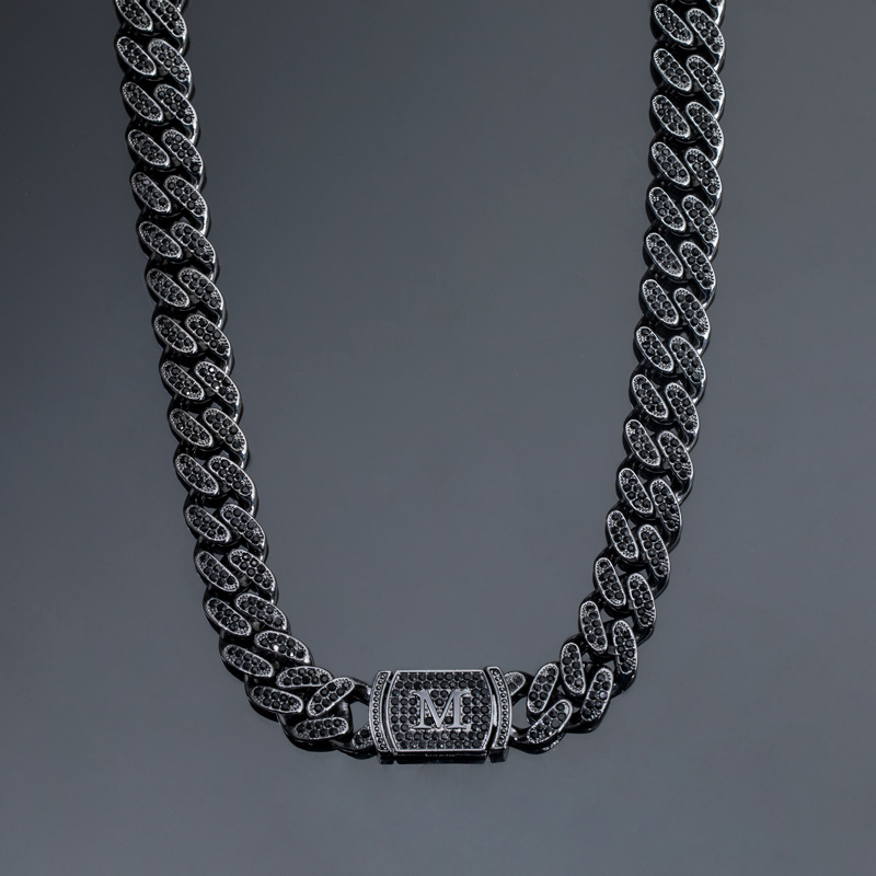 12mm 20" Initial Letter Iced Miami Cuban Chain in Black Gold