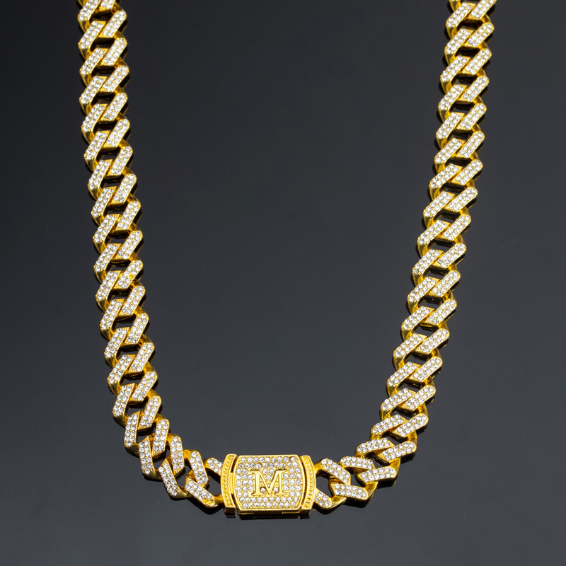 12mm 20" Initial Letter Iced Prong Cuban Chain in Gold