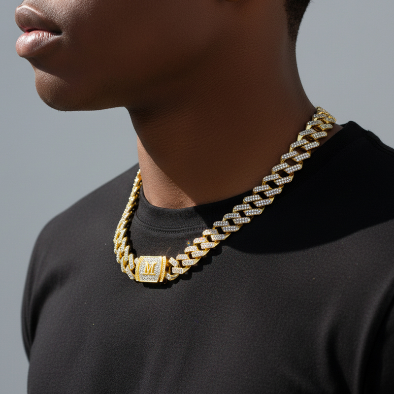 12mm 20" Initial Letter Iced Prong Cuban Chain in Gold