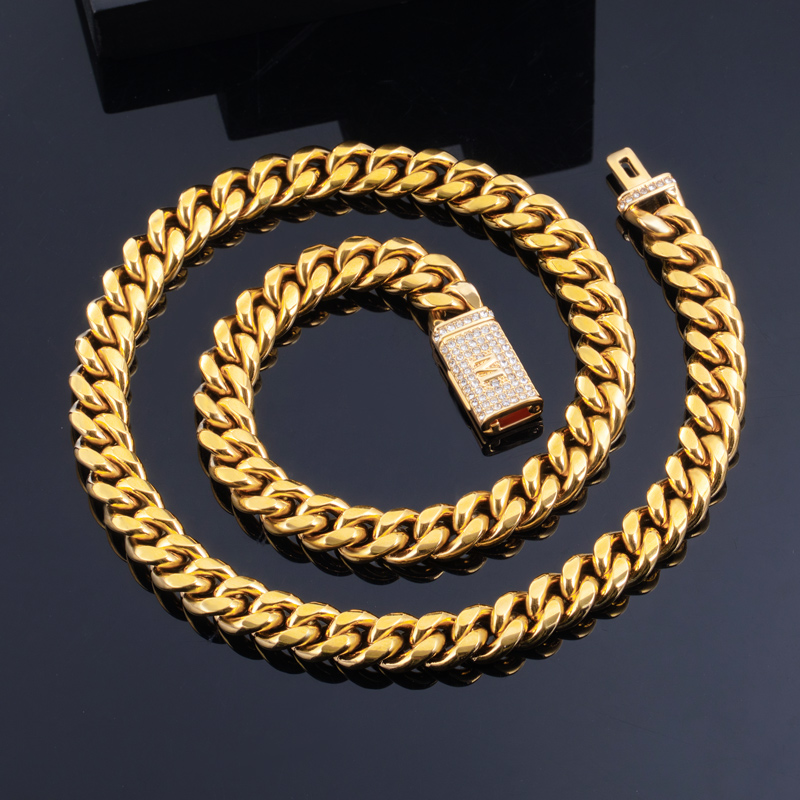 10mm 20" Iced Initial Letter Stainless Steel Cuban Chain in 18K Gold Plated