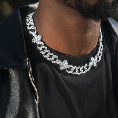  16mm 20'' Heavy Fully Iced Cuban Link Cross Chain in White Gold