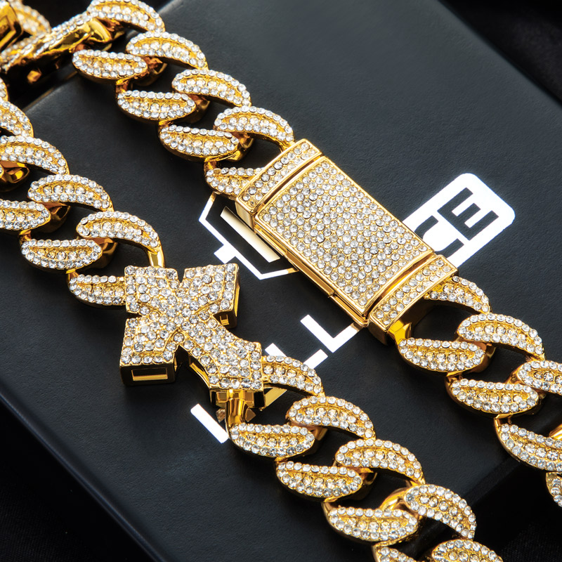  16mm 20'' Heavy Fully Iced Cuban Link Cross Chain in Gold