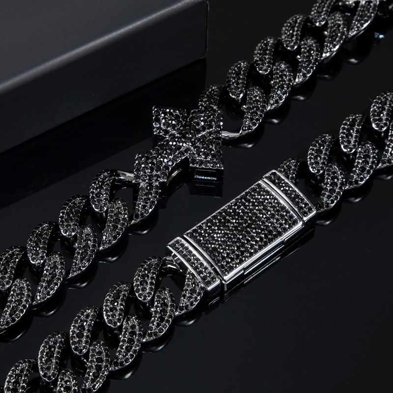  16mm 20'' Heavy Fully Iced Cuban Link Cross Chain in Black Gold