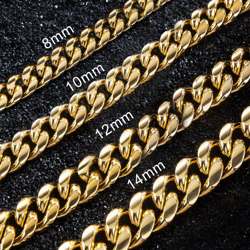 8mm/10mm/12mm/14mm 20" Stainless Steel Micro-paved Spring Buckle Cuban Link Chain In Gold
