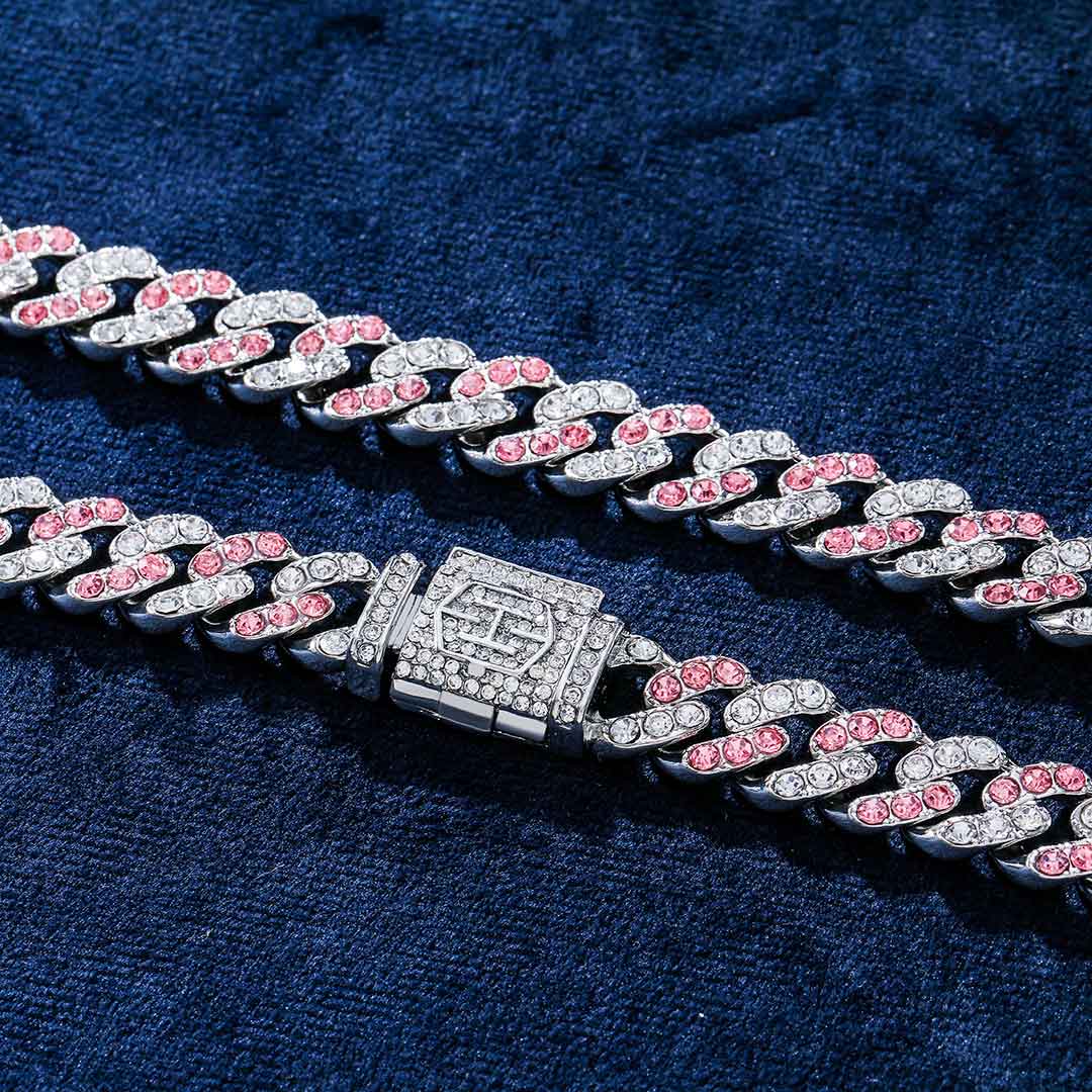 11mm White&Pink Stones Cuban Link Chain
