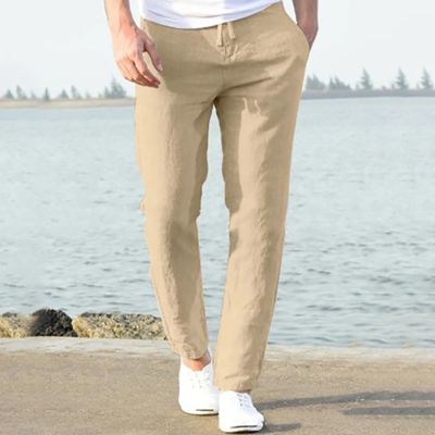 Solid Color Strap Elastic Waist Linen Cotton Casual Pants
