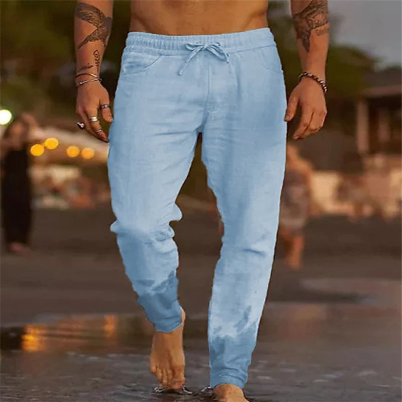 Men's Solid Color Drawstring Cotton Linen Beach Casual Pants