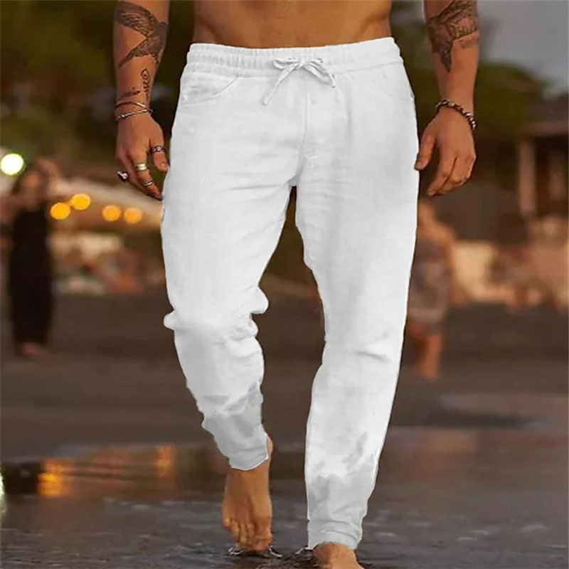 Men's Solid Color Drawstring Cotton Linen Beach Casual Pants