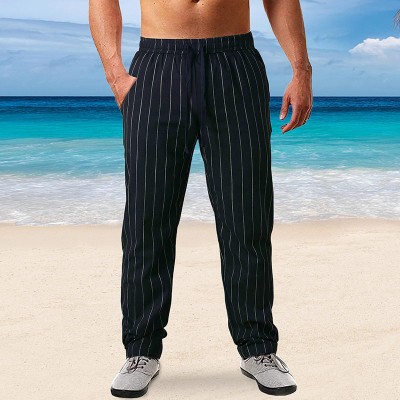 Men's Vertical Stripe Tether Cotton Linen Casual Trousers