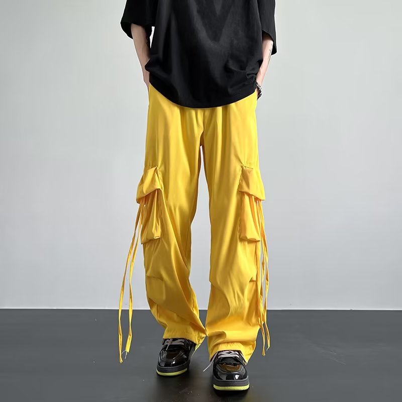 Bright Yellow Cargo Pants with Vintage Tie Pockets
