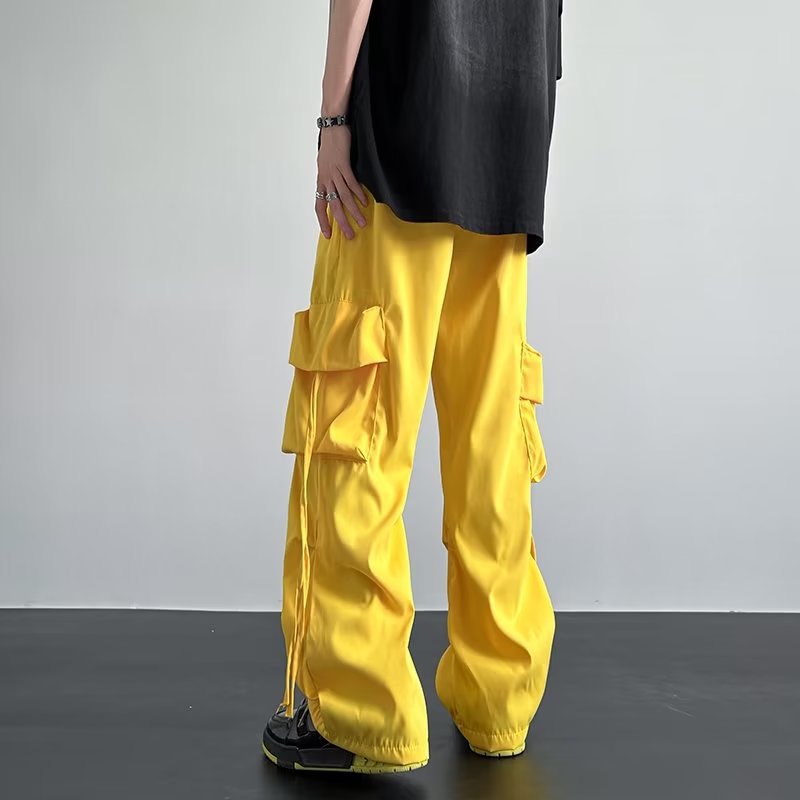 Bright Yellow Cargo Pants with Vintage Tie Pockets