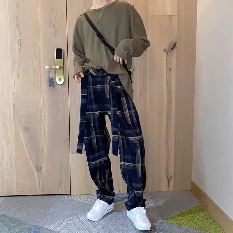 Retro High Waist Casual Plaid Pants