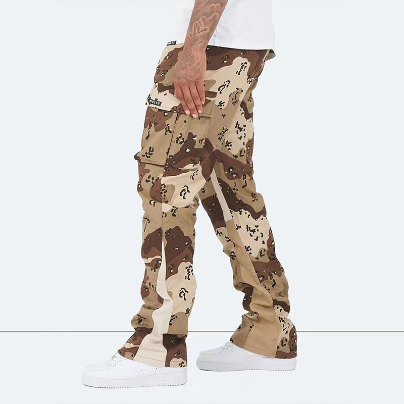 Camo Plaid Patchwork Flared Cargo Pants