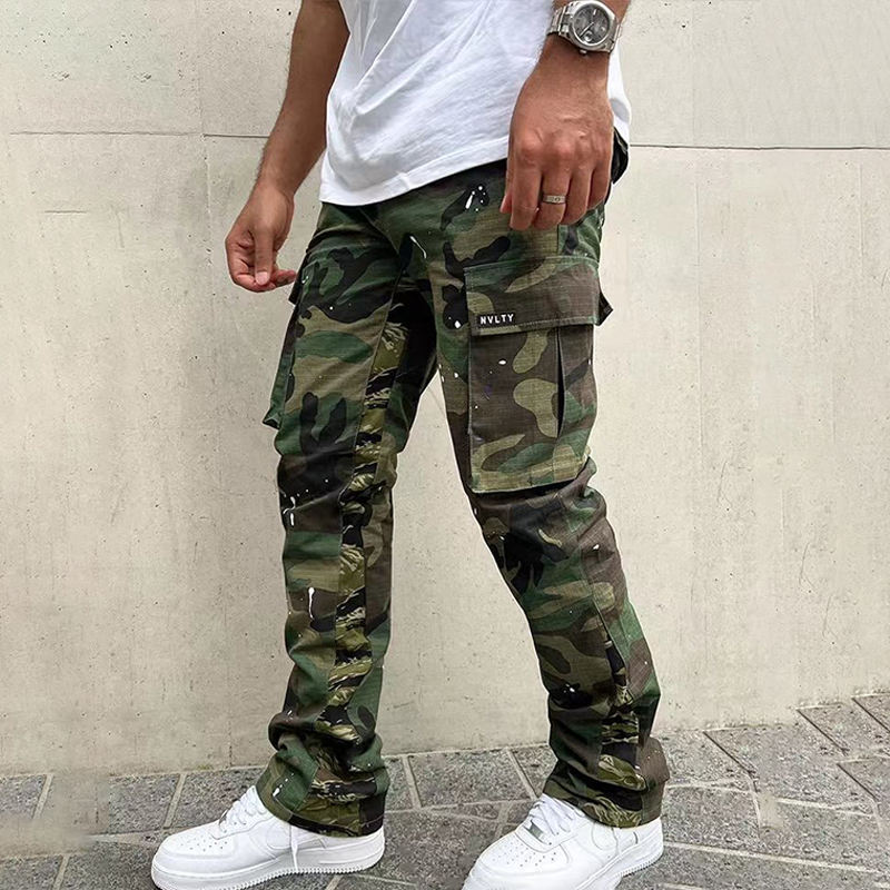 Camo Plaid Patchwork Flared Cargo Pants