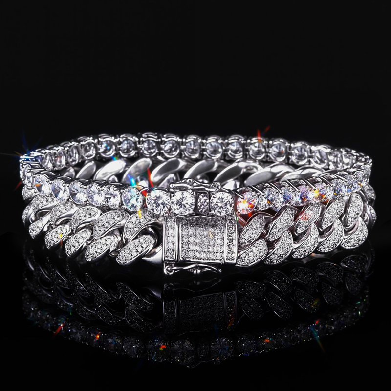 18K White Gold 13mm Iced Cuban and 5mm Tennis Bracelet Set