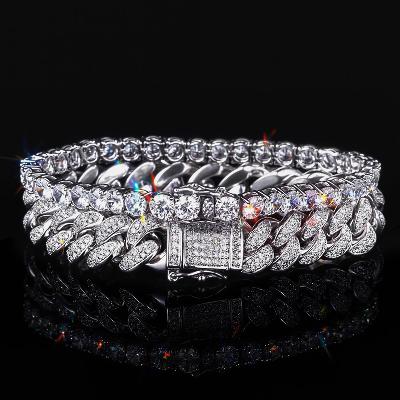18K White Gold 13mm Iced Cuban and 5mm Tennis Bracelet Set